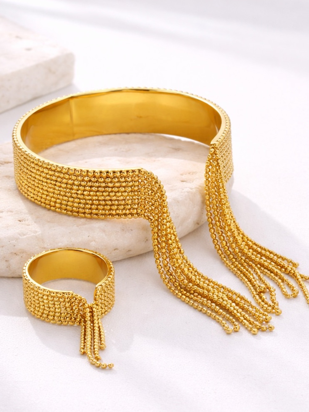 Gold Fringe Bracelet Ring Set Stainless Steel Tassel Cuff Adjustable